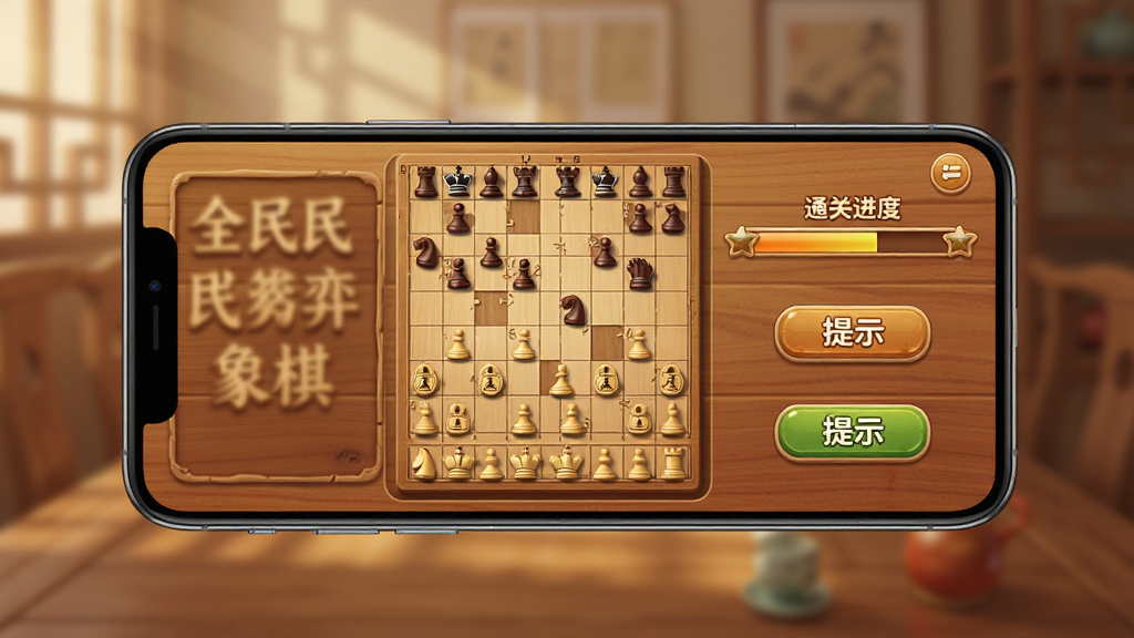 一张展示“全民对弈象棋”残局闯关界面的图片,画面中手机屏幕上呈现象棋残局棋盘,旁边有通关进度条和提示按钮,整体采用暖色调木质风格,布局为手机居中展示,细节清晰,画质干净,无多余元素