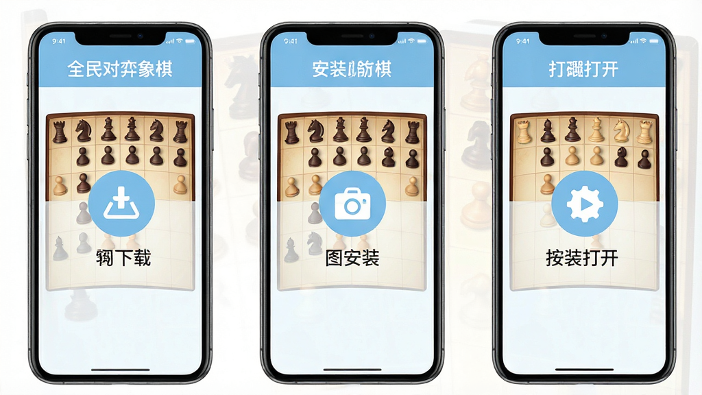 一张展示手机安装“全民对弈象棋”过程的步骤示意图,画面分为下载、安装、打开三个并排的手机界面,每个界面标注对应操作图标,整体采用浅蓝色简约风格,布局清晰有序,细节干净,画质清晰,无多余元素