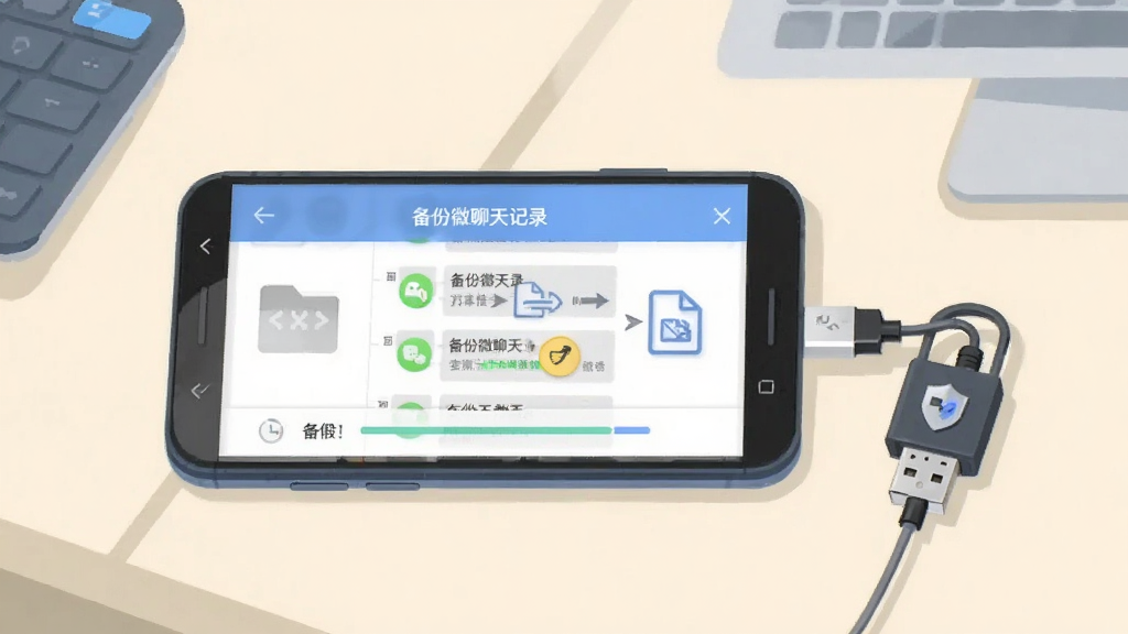 画面中央放置一部安卓手机,手机屏幕显示“备份微聊天记录”软件界面,界面中有微信聊天记录列表和备份进度条,手机右侧连接一个U盘,数据线从手机延伸至U盘,背景为整洁的浅色桌面,风格为扁平化科技插画,细节包括文件传输图标和盾牌安全标识,画质清晰,干净,无多余元素