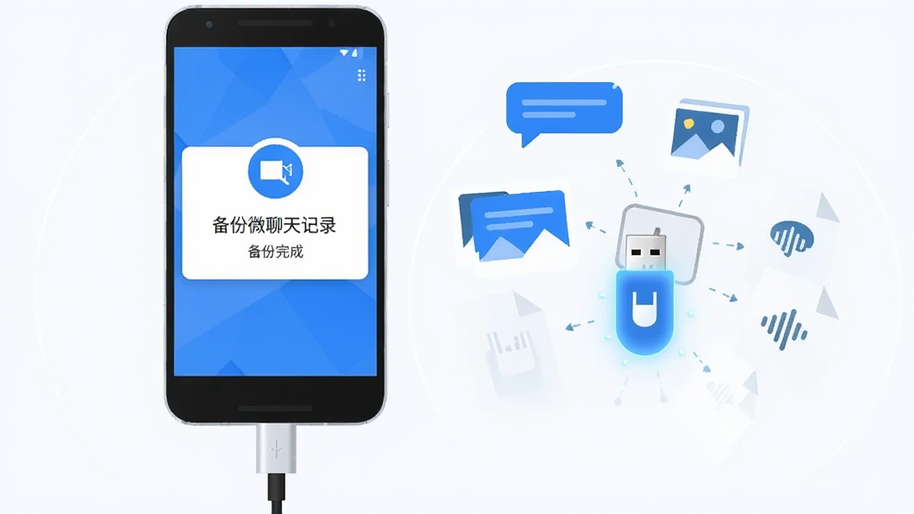一部安卓手机通过OTG线连接U盘,手机屏幕显示“备份微聊天记录”的备份完成提示,U盘图标发光,周围环绕文字消息、图片、语音等文件图标向U盘汇聚,风格为简洁扁平化插画,配色以蓝白为主,画质清晰,干净,无多余元素