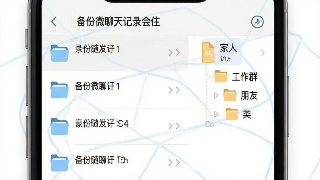 手机屏幕显示“备份微聊天记录”的会话列表界面,每个会话旁有文件夹图标,右侧展示整理后的文件夹树状结构,包含“家人”“工作群”“朋友”等标签,风格为清爽的办公软件界面插画,细节有分类箭头和文件图标,画质清晰,干净,无多余元素