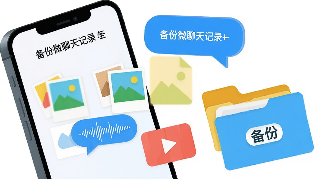 一部手机屏幕显示“备份微聊天记录”正在备份多种文件类型,文字气泡、图片缩略图、语音波形、视频播放图标同时向一个标有“备份”字样的文件夹飞去,风格为动态扁平化插画,配色明亮,画质清晰,干净,无多余元素