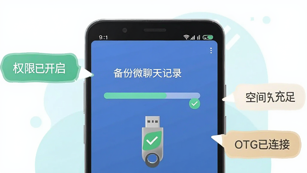 一部安卓手机屏幕显示“备份微聊天记录”的备份进度条,旁边有U盘图标和绿色对勾,手机周围有提示气泡标注“权限已开启”“空间充足”“OTG已连接”,风格为信息图表式插画,配色清新,画质清晰,干净,无多余元素