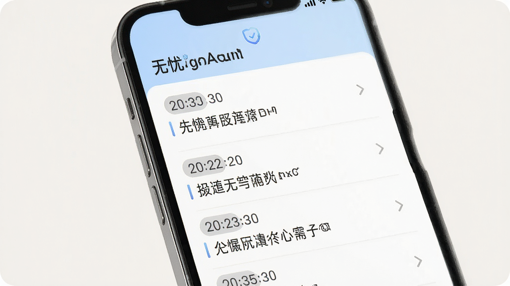 手机屏幕显示“无忧Agent”的操作记录列表页面,列表条目清晰排列,每条记录带有时间标签和简短描述,界面配色淡雅,背景为纯色,整体风格干净利落,画质细腻,无多余装饰