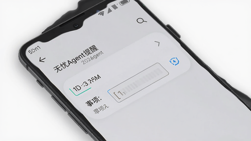 一部安卓手机屏幕显示“无忧Agent”的提醒设置页面,页面上有时间和事项输入框,界面风格简洁明快,背景为浅灰色,手机周围有柔和的阴影,整体画面干净,画质清晰,无多余元素