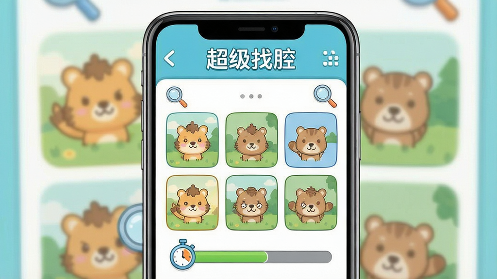 一张手机应用界面展示图,主体为“超级找茬”游戏主界面,布局为上方标题栏与下方关卡网格,排版居中对称,风格清新休闲,细节包含卡通动物图案、放大镜图标与计时进度条,画质清晰干净,无多余元素