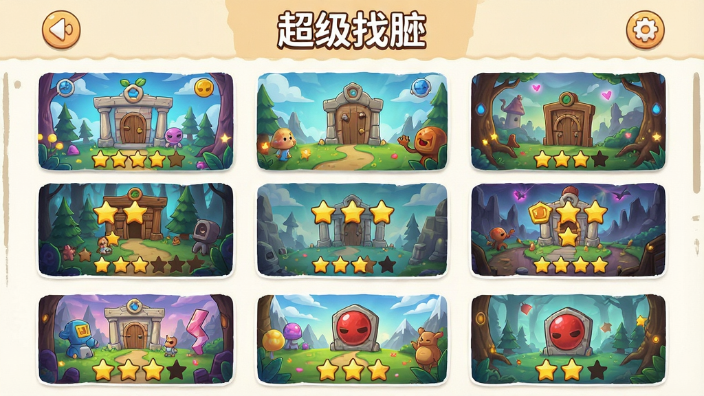 一张展示“超级找茬”多关卡选择界面的图片,主体为关卡缩略图网格,布局为三列排列,排版整齐,风格明快卡通,细节包含不同主题封面与星星评分标记,画质清晰干净,无多余元素