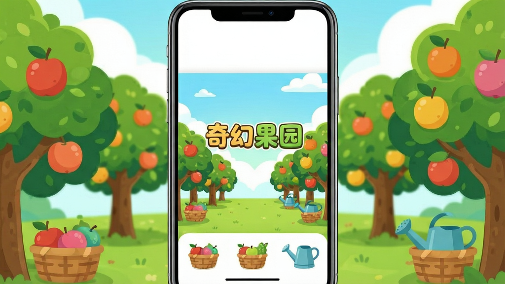 奇幻果园 手机应用主界面 展示一片生机盎然的虚拟果园 果树整齐排列 果实饱满 天空明亮 整体采用清新卡通的插画风格 画面中央放置软件名称“奇幻果园” 布局为居中式构图 上方留白 下方展示功能入口图标 风格为扁平化治愈系 细节包含水果 篮子 水壶等元素 画质清晰 干净 无多余元素