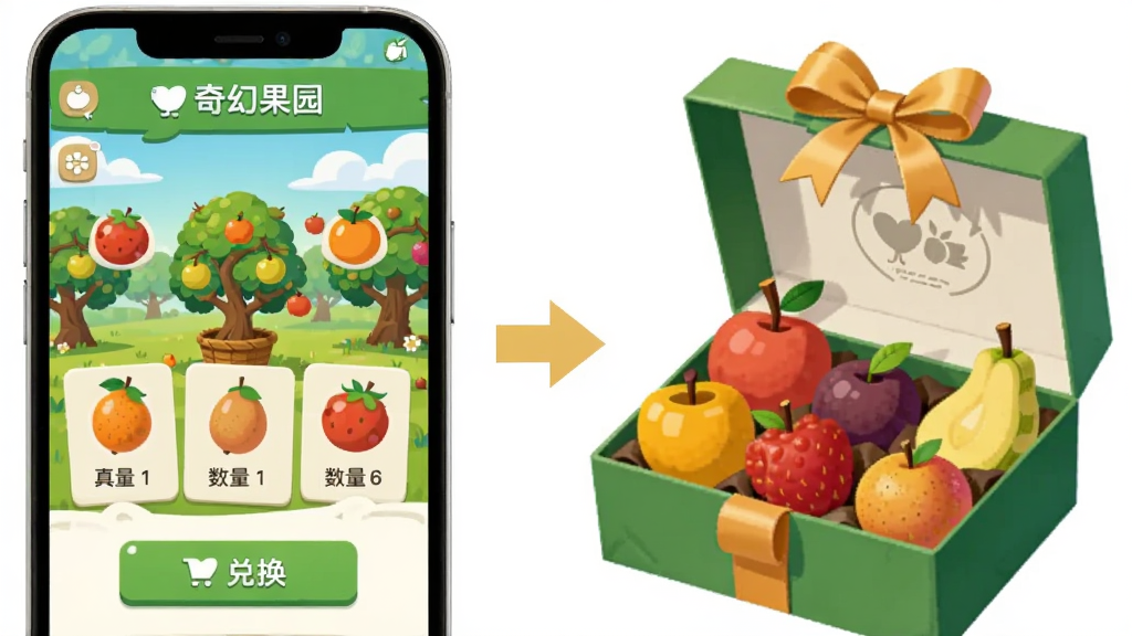 奇幻果园 兑换页面 展示虚拟果实与真实水果的对应关系 画面左侧为手机屏幕中的果园界面 右侧为真实水果礼盒 中间用箭头连接 风格为清新明亮的扁平插画 细节包含兑换按钮 水果品类图标 数量标识 画质清晰 干净 无多余元素