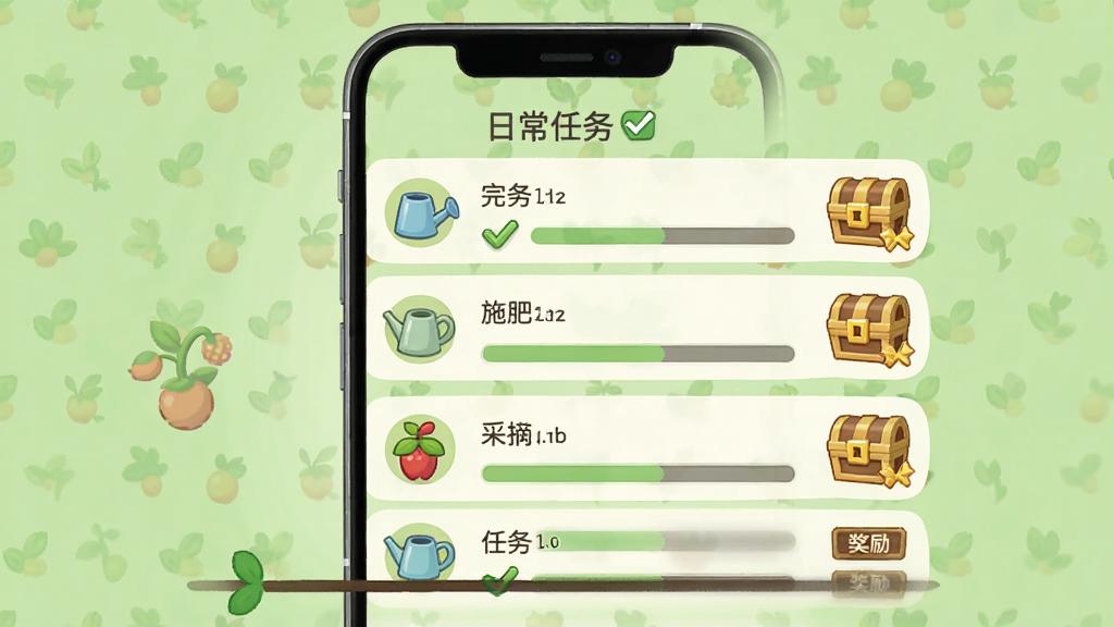 奇幻果园 日常任务界面 展示任务列表与进度条 画面以手机屏幕为主体 任务条目清晰排列 包含浇水 施肥 采摘等图标 背景为柔和浅绿色 风格为简洁清爽的UI插画 细节包含完成勾选 奖励宝箱 画质清晰 干净 无多余元素