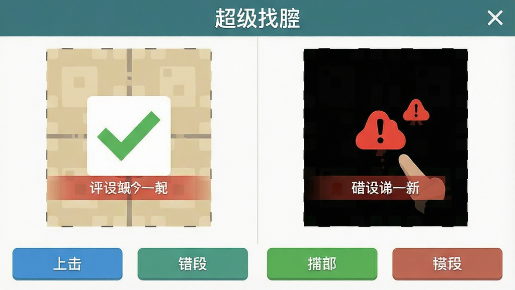 一张“超级找茬”操作界面示意图,主体为游戏内点击反馈画面,布局为左右对比图加底部功能按钮,排版清晰,风格简洁扁平,细节包含对勾标记与错误提示动画,画质清晰干净,无多余元素