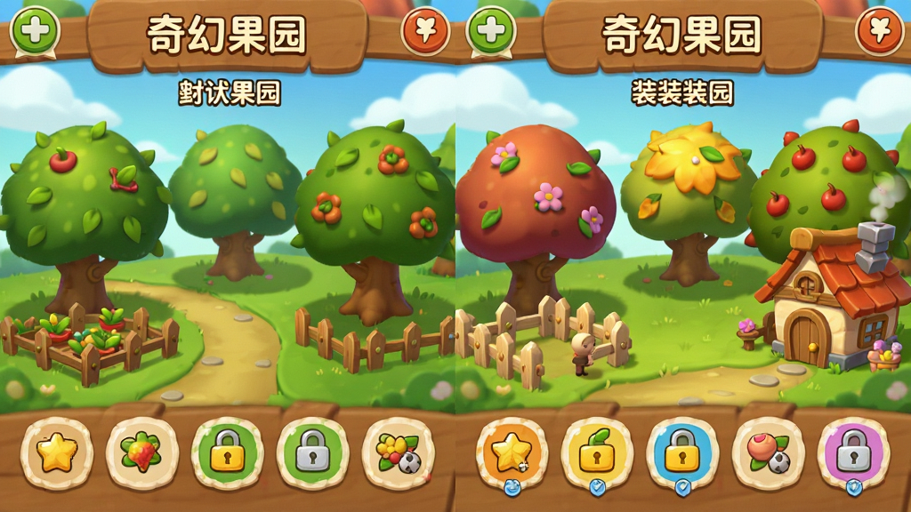 奇幻果园 果园装扮界面 展示多种装饰风格选项 画面为分屏布局 左侧展示默认果园 右侧展示装扮后的果园 包含不同颜色的果树 篱笆 小屋 风格为温馨卡通插画 细节包含装饰图标 解锁标识 画质清晰 干净 无多余元素