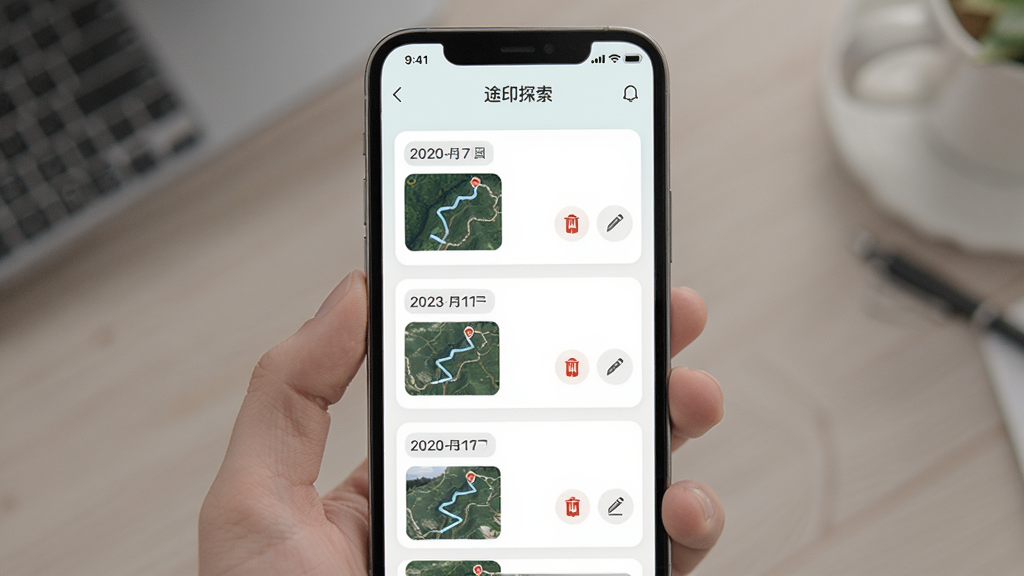 画面展示“途印探索”软件的数据管理列表页面,主体为手机界面中的轨迹记录卡片列表,布局为纵向排列,风格为柔和浅色系UI设计,细节包括日期标签、路线缩略图、删除与编辑按钮图标,画质清晰干净,无多余元素