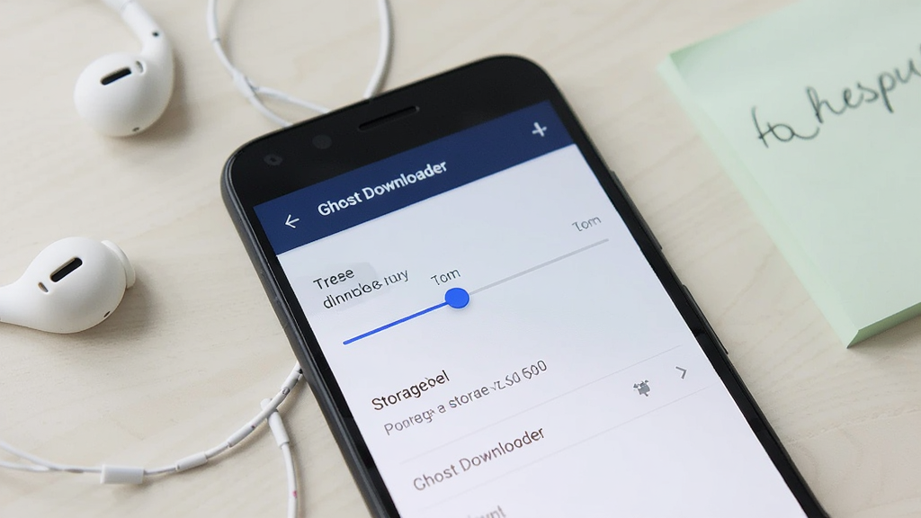 一部安卓手机屏幕特写,显示 Ghost Downloader 的设置页面,画面中突出线程数调节滑块和存储路径选项,界面风格清爽,背景为浅色简洁桌面,手机旁边放着耳机和便签纸,整体布局自然,画质清晰干净,无多余元素