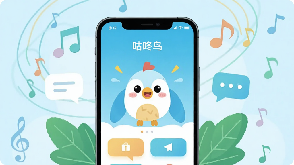 画面中央放置一部智能手机,手机屏幕上显示“咕咚鸟”应用主界面,界面中有卡通小鸟形象和简洁的功能按钮,手机周围环绕着音符、对话气泡和绿叶等装饰元素,整体采用扁平化插画风格,色彩明亮清新,背景为浅蓝色渐变,构图居中对称,画质清晰干净,无多余杂乱元素