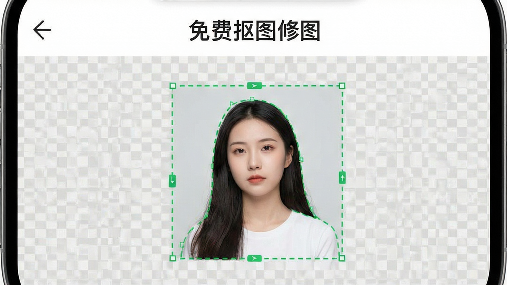 一张手机屏幕展示免费抠图修图软件主界面,界面中央是一张人物照片正在被自动识别抠图,人物边缘显示绿色虚线选区,背景为浅灰色棋盘格透明效果,屏幕上方有软件名称“免费抠图修图”字样,整体布局简洁清晰,采用扁平化UI设计风格,细节上体现智能识别与一键操作的便捷感,画质高清,画面干净,无多余元素