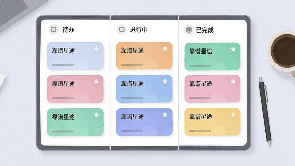 一张横向展开的数字化任务看板,看板分为“待办”“进行中”“已完成”三列,每列中放置若干彩色任务卡片,卡片上写有“靠谱星途”字样,背景为浅灰色办公桌面,画面右侧有一支手写笔与一杯咖啡,风格为扁平插画,细节上卡片边缘圆润、配色柔和,画质干净清晰,无杂乱元素