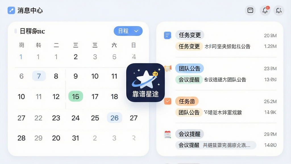 画面展示一个聚合式消息中心界面,左侧为日程日历模块,右侧为消息通知列表,列表项包含“任务变更”“团队公告”“会议提醒”等标签,界面中央悬浮“靠谱星途”应用图标,整体风格为清爽浅色系,布局上下分层,细节上采用圆角卡片与细线分隔,画质干净明亮,无多余装饰