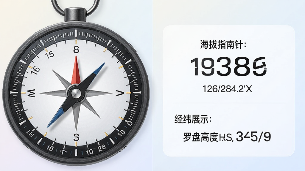 一款名为罗盘高度指南针的手机应用功能展示图,画面采用左右分栏布局,左侧展示圆形罗盘表盘特写,右侧展示海拔高度数值与经纬度信息面板,背景为浅色渐变,风格为清爽科技风,细节包括刻度线、指针、数字读数,画质清晰干净,无多余元素