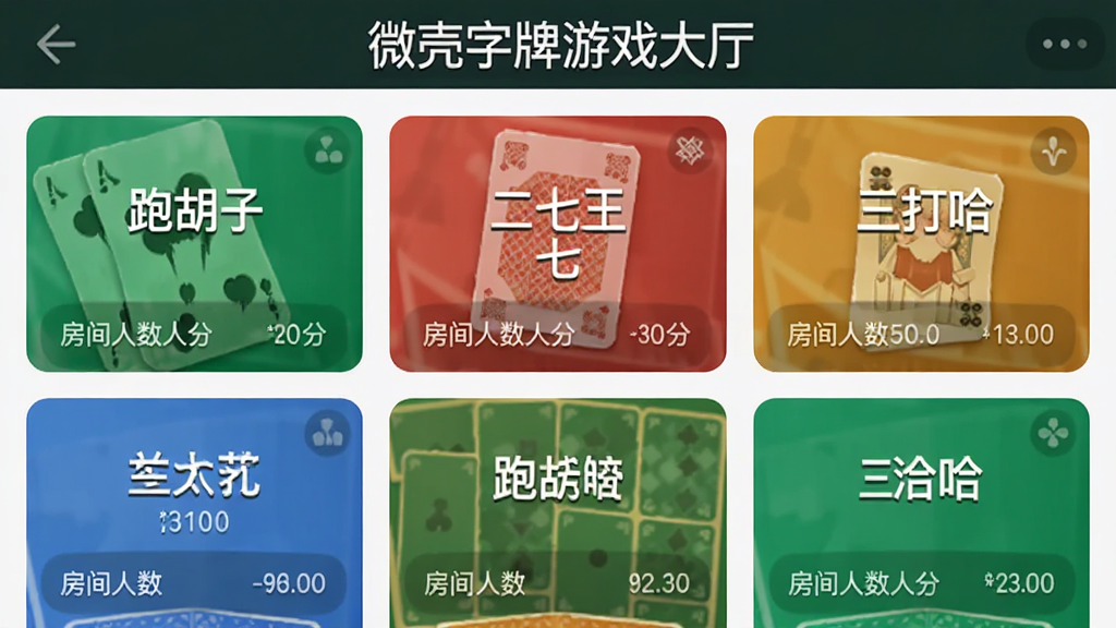 微壳字牌游戏大厅界面,主体为多个玩法入口卡片纵向排列,布局为顶部标题加下方网格卡片,风格为清爽棋牌大厅UI,细节包含“跑胡子”“二七王”“三打哈”等玩法名称标签、房间人数提示与底分信息,画质清晰干净,无多余元素