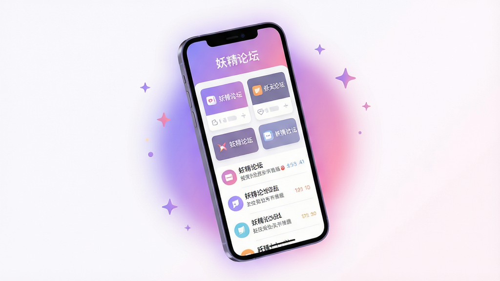 画面主体为一部竖屏智能手机,屏幕中央显示简洁的社区论坛首页界面,顶部有
