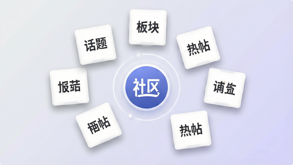 画面主体为多块悬浮的方形话题卡片,卡片上分别写有