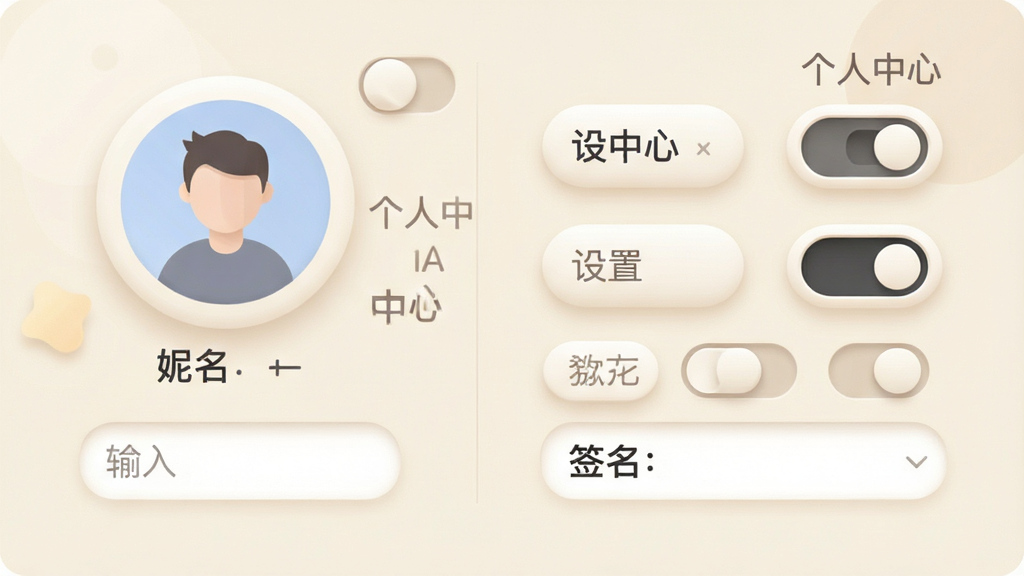 画面主体为一个圆形用户头像图标与若干设置开关按钮组合,旁边有