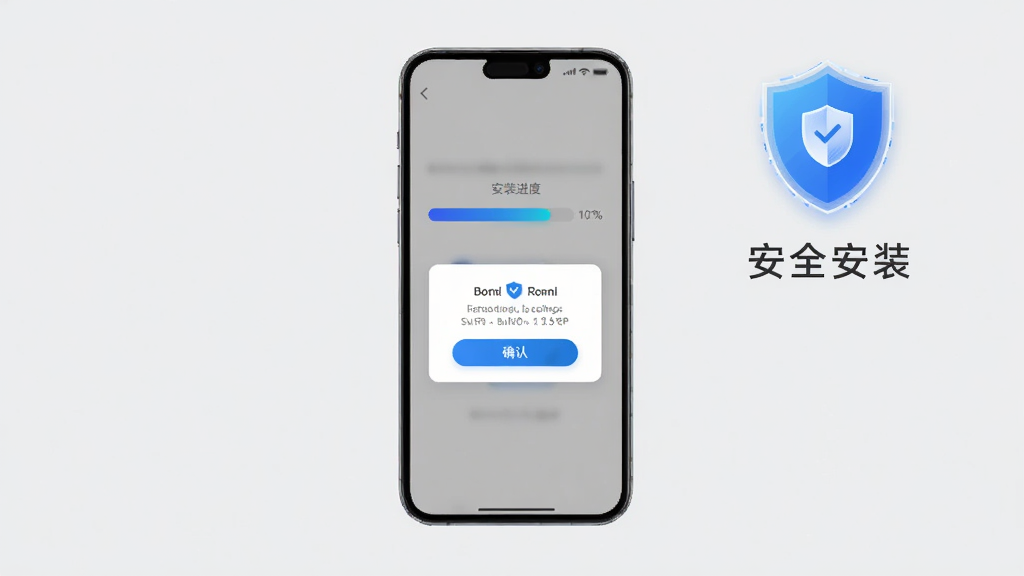 画面主体为一部手机屏幕显示安装进度条与权限确认弹窗,旁边配有盾牌图标与
