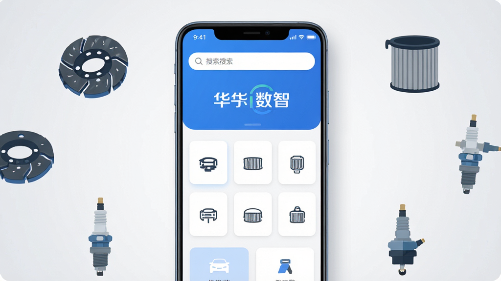 画面主体为一部竖屏安卓手机,手机屏幕中央显示“华汽数智”应用主界面,界面布局为顶部搜索栏与下方分类卡片列表,周围环绕汽车配件图标如刹车片、滤清器、火花塞等扁平化元素,整体采用蓝白配色,风格简洁商务,细节上手机边缘有柔和光影,背景为浅灰色渐变,画质清晰,干净,无多余元素