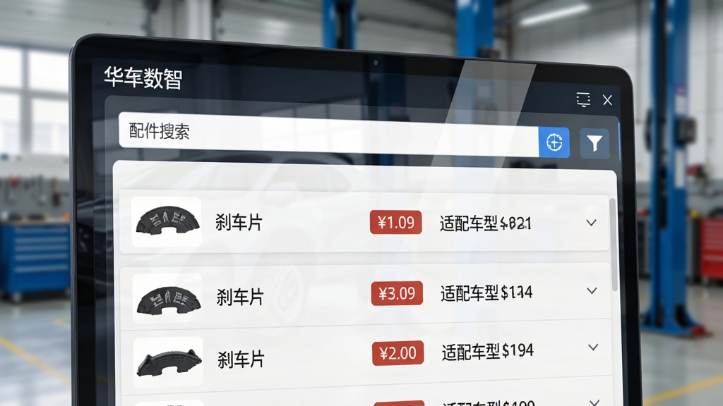 画面主体为“华汽数智”软件界面特写,屏幕显示配件搜索框与搜索结果列表,列表中每行包含配件缩略图、名称“刹车片”、价格标签与适配车型文字,界面右侧有筛选图标,背景为虚化的汽车维修车间场景,风格写实商务,细节上屏幕有轻微反光,画质高清,干净,无多余元素