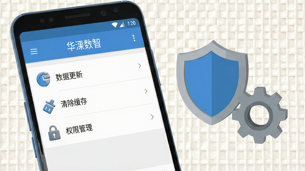 画面主体为一部安卓手机屏幕显示“华汽数智”设置页面,页面中包含“数据更新”“清除缓存”“权限管理”等选项列表,手机旁边放置一个盾牌图标与齿轮图标,风格扁平化安全主题,配色为蓝灰搭配,细节上图标有轻微立体感,背景为浅色网格纹理,画质清晰,干净,无多余元素