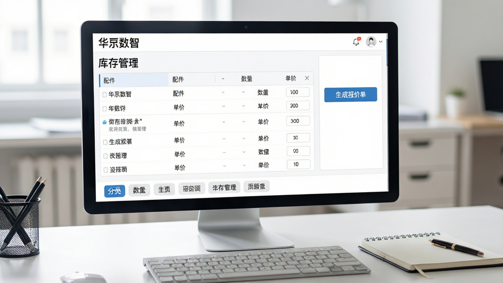 画面主体为“华汽数智”库存管理界面,屏幕显示配件列表与数量、单价字段,右侧有“生成报价单”按钮,界面下方有分类标签栏,背景为办公桌面场景,桌上放置键盘与记事本,风格清新商务,细节上屏幕内容清晰可读,画质高清,干净,无多余元素