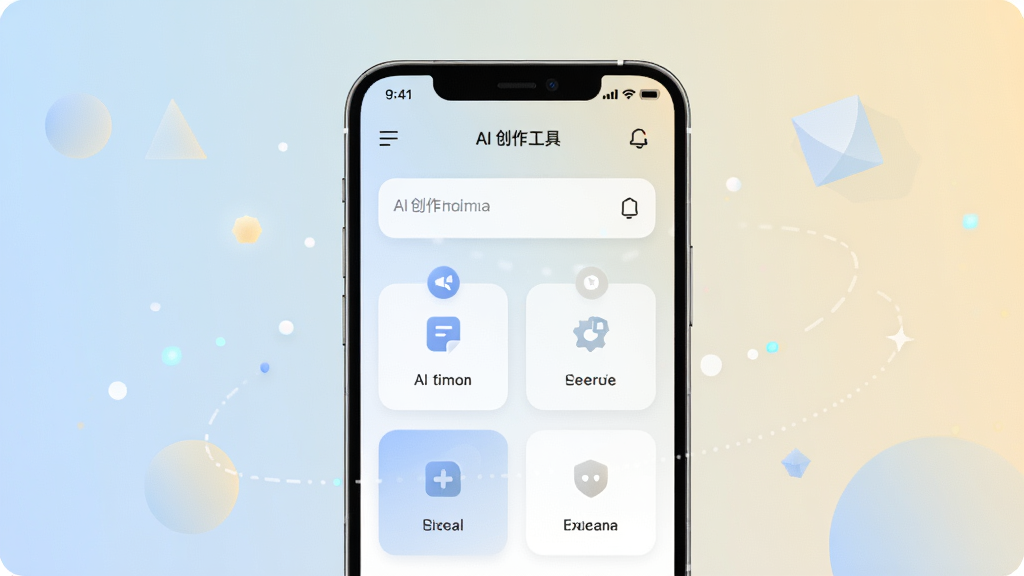 星念AI应用主界面展示,手机屏幕居中放置,屏幕内呈现简洁的AI创作工具首页,包含输入框与功能入口卡片,背景为浅色渐变,周围点缀柔和的几何图形与光点,风格清爽现代,细节干净,画质清晰,无多余元素