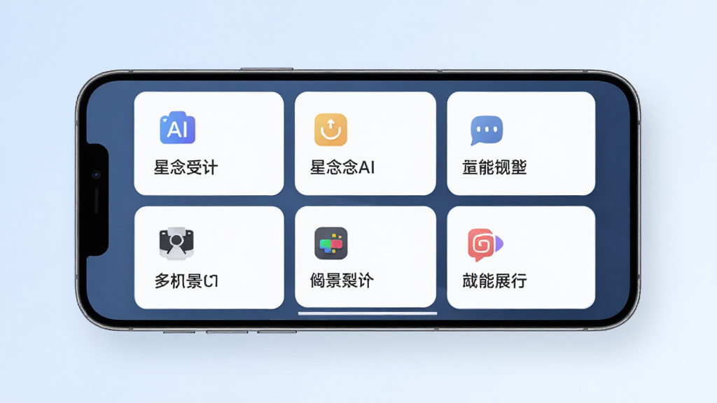 星念AI多场景生成功能展示,画面中一部手机横放,屏幕内显示多个功能卡片整齐排列,每张卡片上有不同的内容类型图标与简短文字说明,背景为淡蓝色渐变,风格简洁商务,细节清晰,画质干净,无多余装饰