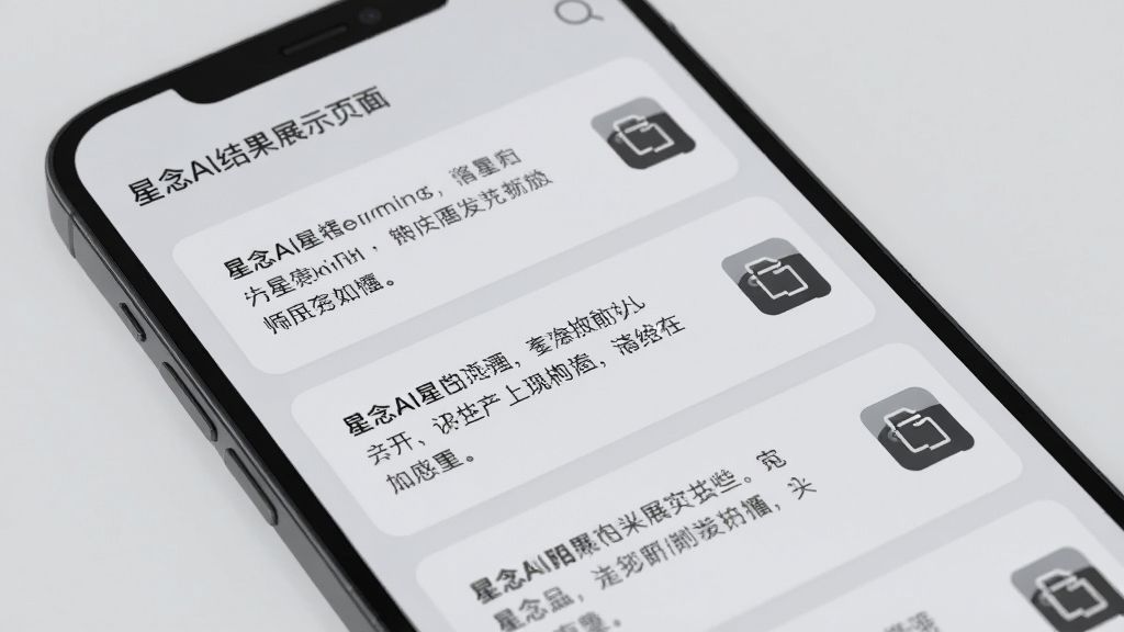 星念AI结果展示页面,手机屏幕特写,屏幕内显示一段段整齐的文字结果卡片,每张卡片右侧有复制按钮图标,背景为浅灰色,风格素雅极简,细节清晰,画质干净,无多余元素