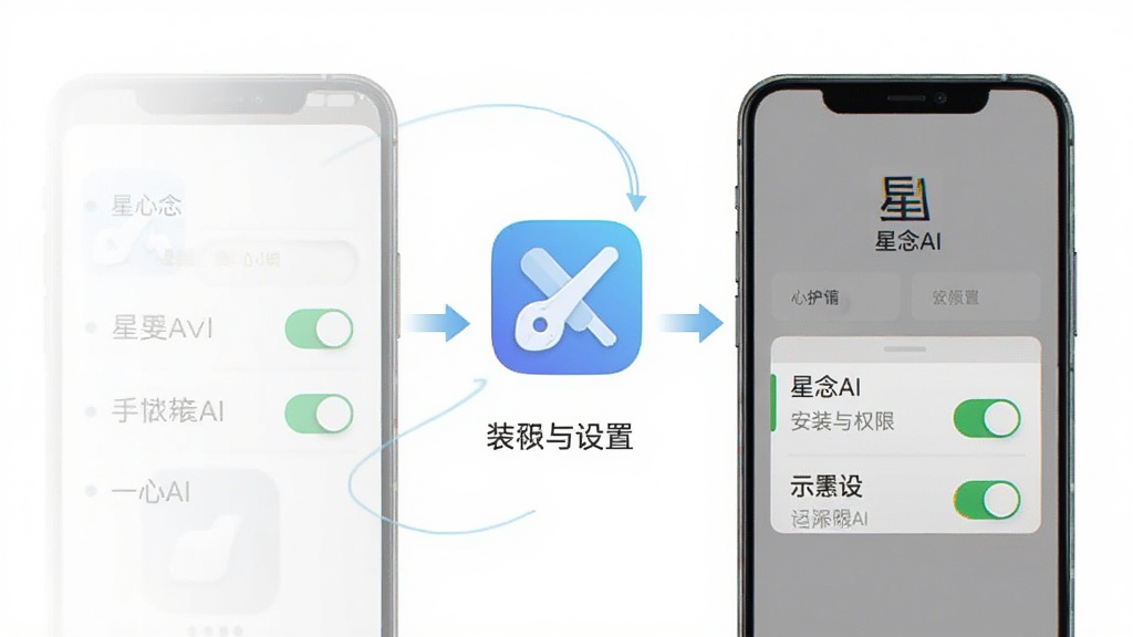 星念AI安装与权限设置示意图,画面展示手机屏幕上的权限开关界面与应用图标,旁边有简洁的箭头指示流程,背景为白色,风格清新浅色,细节清晰,画质干净,无多余元素