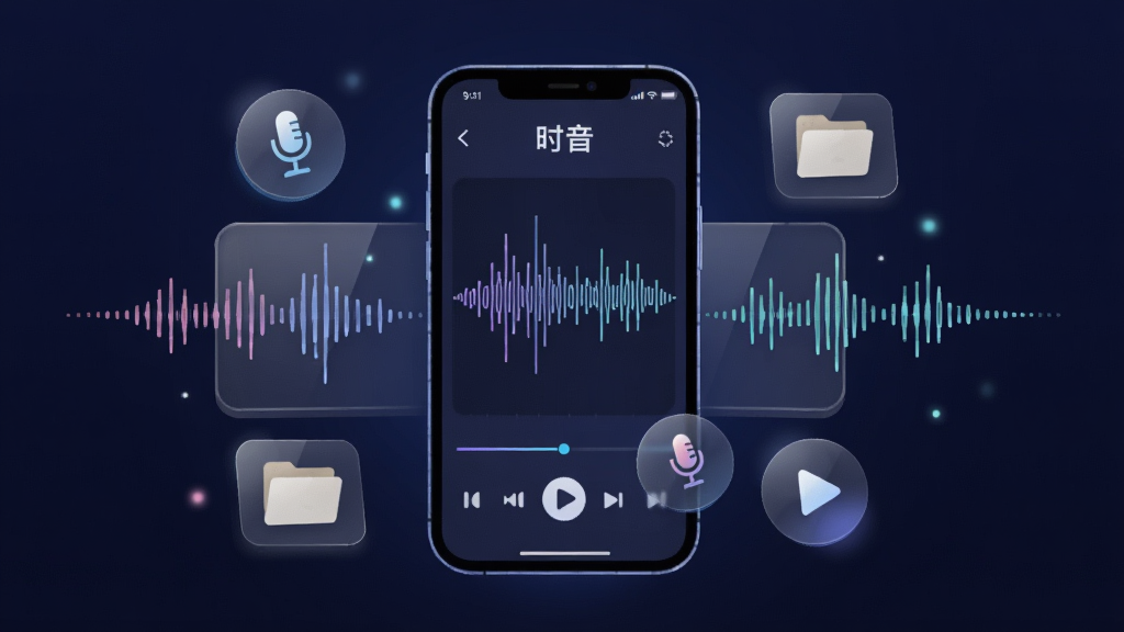 画面中央放置一部智能手机,手机屏幕显示音频波形编辑界面,界面顶部有“时音”字样,手机周围环绕悬浮的音频波形线条、麦克风图标、文件夹图标与播放按钮,背景为深蓝色渐变,布局采用中心对称构图,风格为现代科技感扁平插画,细节包括柔和的光晕与半透明玻璃质感面板,画质清晰干净,无多余元素