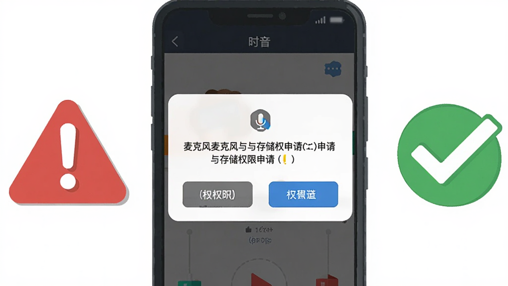 手机屏幕显示“时音”录音界面出现权限请求弹窗,弹窗内容为麦克风与存储权限申请,手机旁边放置一个红色感叹号警示图标与一个绿色对勾图标,构图采用左右对比布局,风格为信息提示类扁平插画,细节包括弹窗按钮文字清晰与图标色彩鲜明,画质干净清晰,无多余元素