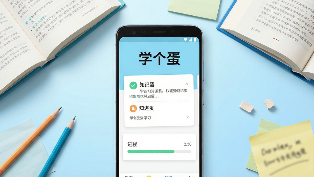 一张以学习为主题的手机应用场景图,画面中央是一部竖屏安卓手机,屏幕显示简洁的学习界面,顶部有