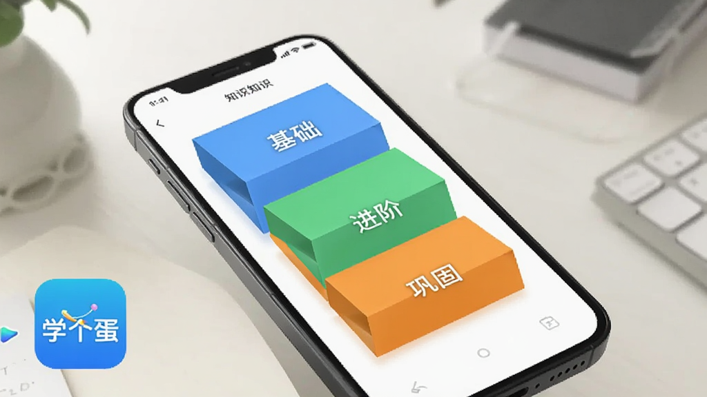 一部手机屏幕中展示三层阶梯状知识卡片,分别标注