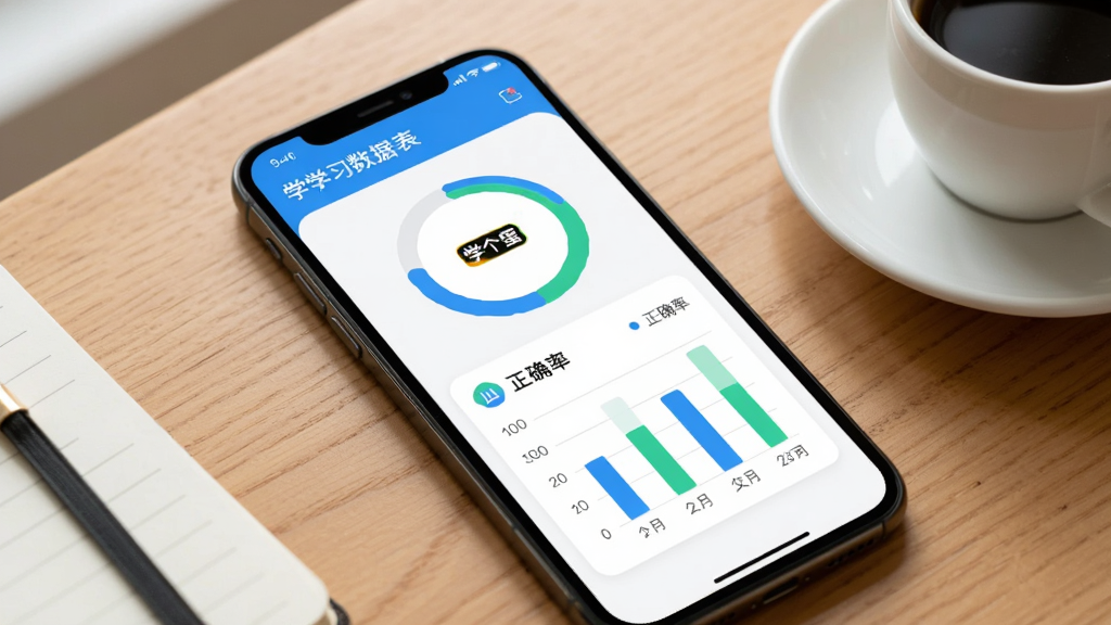 手机屏幕显示学习数据面板,包含环形进度条、柱状正确率图表与