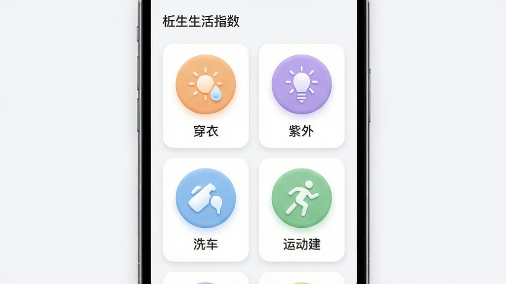 画面主体为枳生天气应用的生活指数模块界面,手机屏幕显示多个圆形图标与简短文字标签,分别代表穿衣、紫外线、洗车与运动建议,布局为手机居中、图标呈网格状排列,风格为轻拟物卡片风,细节上强调图标色彩柔和、标签文字简短易读、背景干净,画质为高清细腻、无杂乱装饰