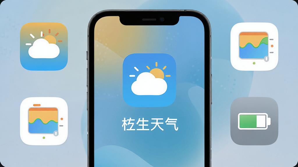 画面主体为枳生天气应用启动页与手机桌面图标特写,手机屏幕显示简洁的天气图标与软件名称,旁边搭配存储空间示意图与电量图标,布局为手机居中、辅助元素环绕两侧,风格为科技简约风,细节上强调图标边缘清晰、背景渐变柔和、元素之间留白合理,画质为高清干净、无多余元素