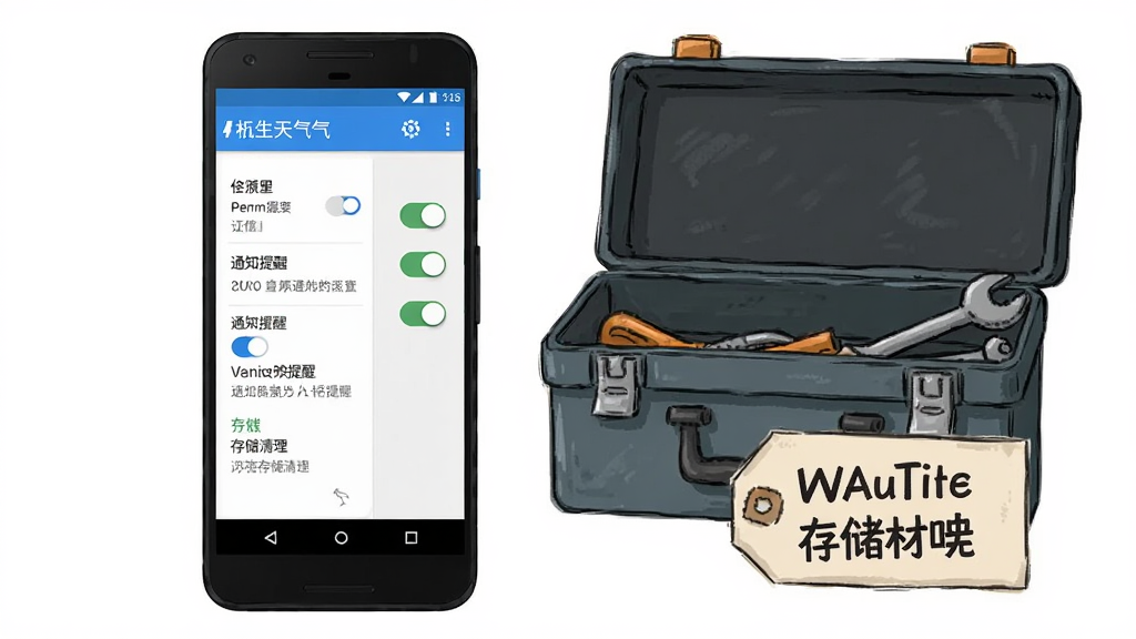 画面主体为一部安卓手机屏幕显示枳生天气应用设置页面,页面中包含权限开关、通知提醒与存储清理选项,手机旁边放置一个打开的工具箱与提示标签,布局为手机居中偏左、工具箱在右下角,风格为实用教程插画风,细节上强调开关按钮清晰、标签文字简短、背景简洁,画质为高清干净、无多余装饰