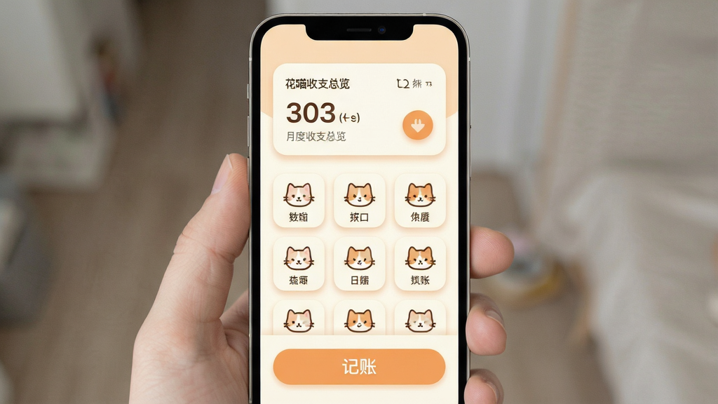 一张手机应用界面展示图,画面主体是一部竖屏智能手机,屏幕内呈现花喵记账首页,顶部显示月度收支总览卡片,中部为猫咪风格的分类图标网格,底部是醒目的记账按钮,整体布局居中对称,风格清新可爱,配色以奶油白和浅橘色为主,细节包含圆角卡片、柔和阴影和简洁图标,画质清晰干净,无多余元素