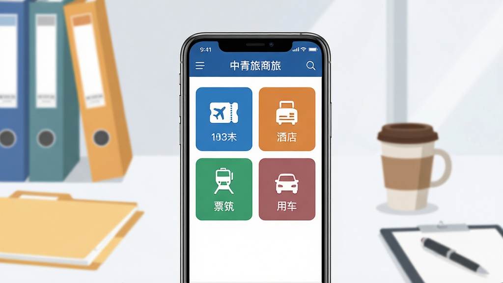 画面中央展示一部智能手机,手机屏幕上呈现中青旅商旅应用的主界面,界面中包含机票、酒店、火车票、用车等图标模块,手机周围以简洁的商务办公场景为背景,如桌面、文件夹、咖啡杯等元素点缀,整体布局采用居中构图,风格为现代扁平化商务风,细节处体现界面图标的清晰度与色彩层次,画质清晰干净,无多余杂乱元素