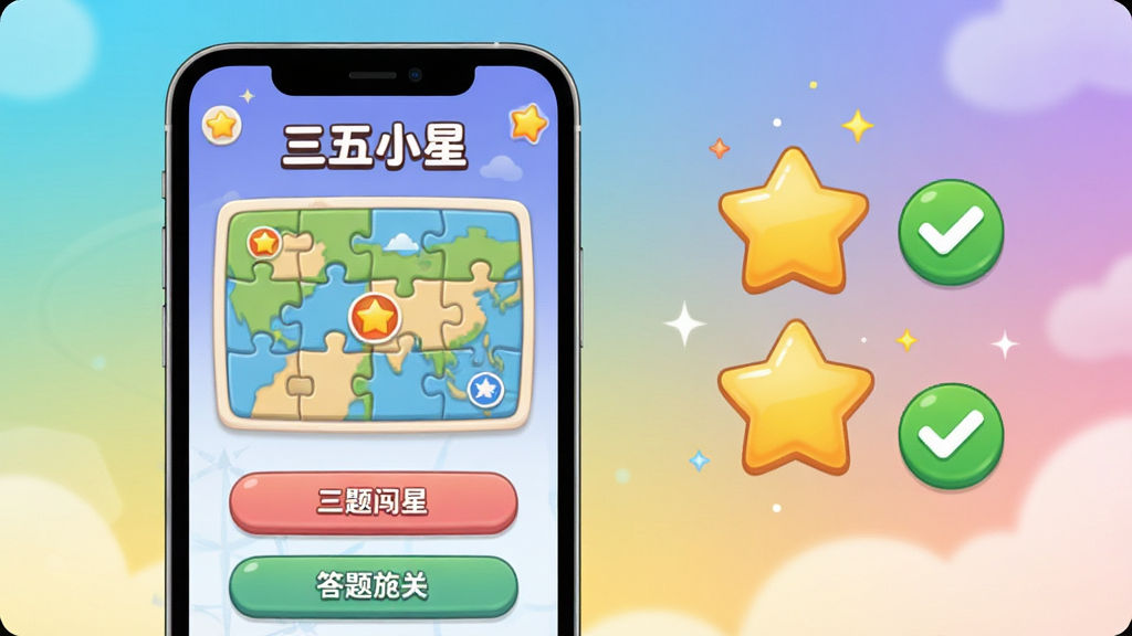 画面主体为一块竖屏手机,屏幕中显示三五小星的地理闯关界面,包含地图拼图区域与答题选项按钮,手机右侧漂浮着星星积分图标与对勾标记,布局为左中右三分构图,风格为明快卡通插画风,细节包含渐变背景与圆润按钮,画质高清干净,画面中文字标注“三五小星”
