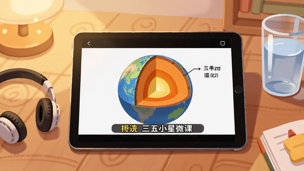 画面中央为一块横屏平板,屏幕内播放三五小星微课视频画面,画面中有地球剖面示意与讲解字幕条,平板旁边放置耳机与水杯,布局为居中平铺构图,风格为温馨学习场景插画风,细节包含柔和灯光与木质桌面纹理,画质清晰干净,无杂乱元素