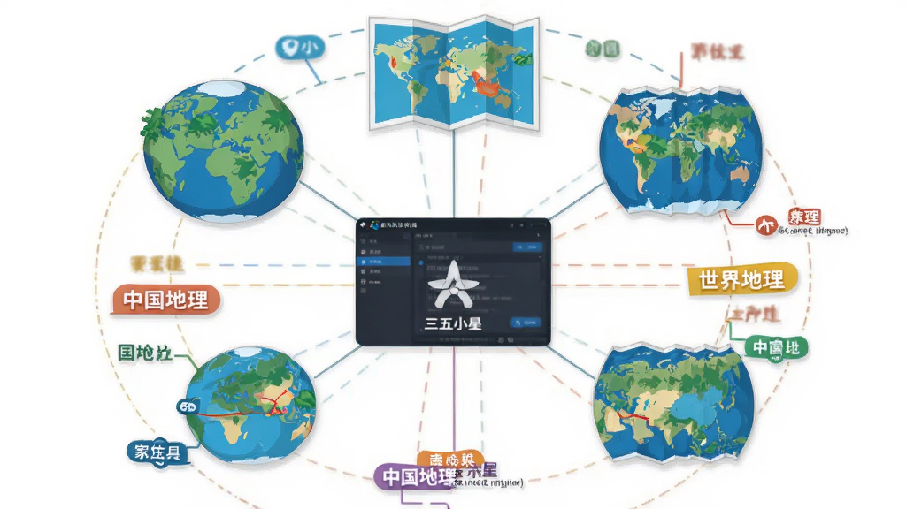 画面主体为一张展开的知识体系图,图上用连线串联起地球、地图、世界地理、中国地理等节点,三五小星软件界面以卡片形式嵌入图中,布局为环形放射构图,风格为信息图表插画风,细节包含彩色标签与细线连接,画质清晰干净,无多余背景元素