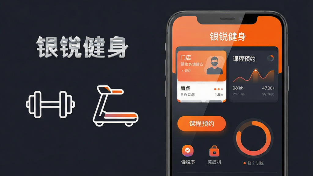 主体为一部竖屏安卓手机,屏幕内展示银锐健身应用首页界面,包含门店卡片、课程预约按钮与训练数据环形图;布局为手机居中偏右,左侧留白放置简洁线条风格的哑铃与跑步机图标;排版采用上下分层结构,上方为应用名称文字“银锐健身”,下方为功能图标组;风格为现代扁平化科技风,主色为活力橙与深空灰;细节包含屏幕高光反射、按钮圆角、数据图表渐变填充;画质为高清4K,画面干净,无多余元素